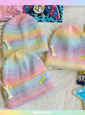 日本原宿decora风Y2K少女星星铆钉烫钻甜美渐变色保暖针织毛线帽