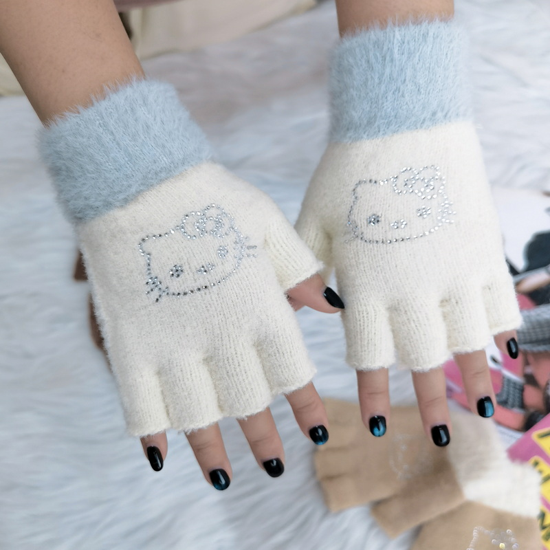 Y2K水钻猫咪毛绒手套保暖
