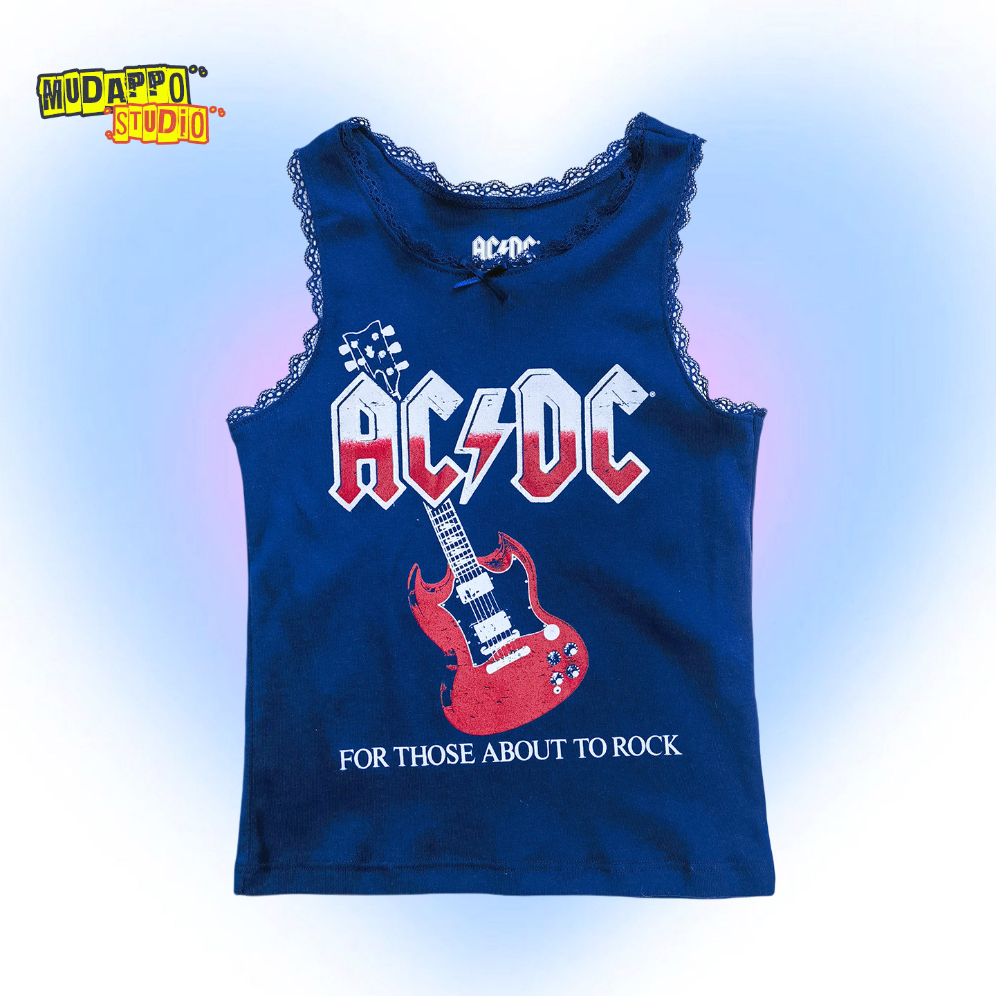 量少 美国单美式复古蓝y2k甜酷涩谷辣妹摇滚吉他印花ACDC修身背心