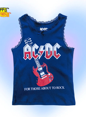 量少 美国单美式复古蓝y2k甜酷涩谷辣妹摇滚吉他印花ACDC修身背心