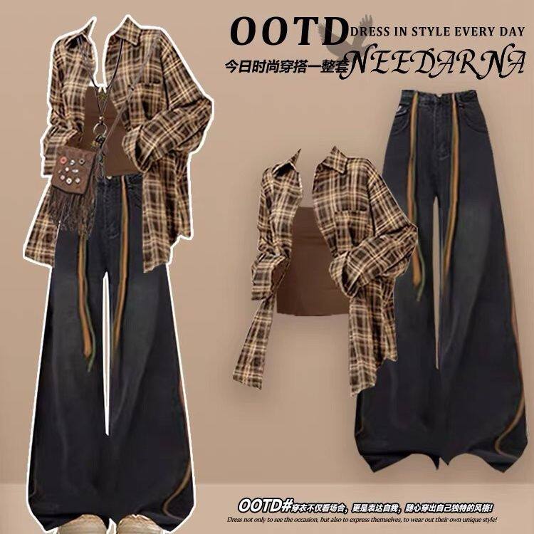 2026春季新款套装一整套时尚格子衬衫搭修身吊带搭配牛仔裤三件套