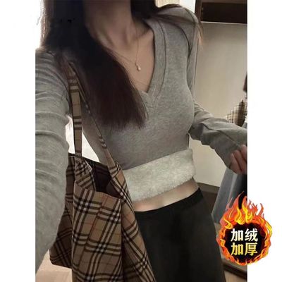 加绒加厚V领保暖内搭T恤