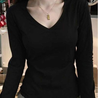 纯棉白色正肩v领内搭打底衫女春秋季修身显瘦收腰内搭长袖t恤上衣