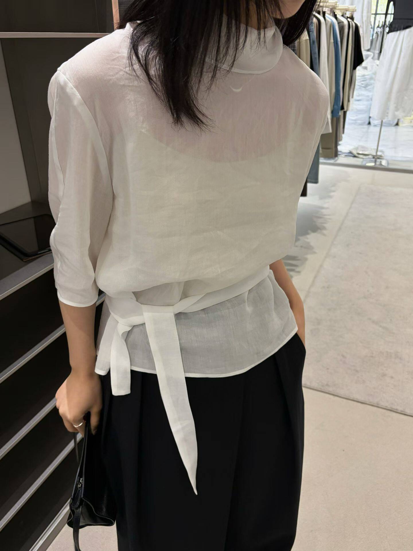 韩版小立领设计感收腰绑带衬衫女春夏季新款宽松百搭显瘦别致上衣