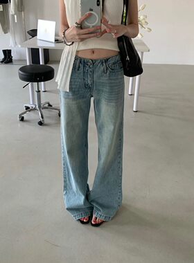 TABLE美式辣妹复古浅蓝低腰直筒阔腿百搭时尚显瘦潮流牛仔裤9621