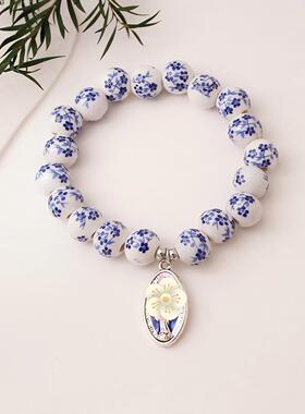 新款青花瓷复古椭圆吊坠手链