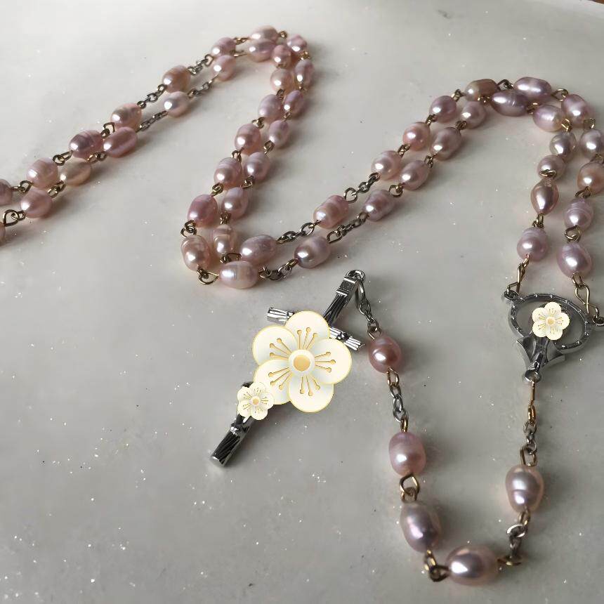 天然粉紫白黑4色珍珠59粒玫瑰串珠十字架项链坠饰品礼品礼物