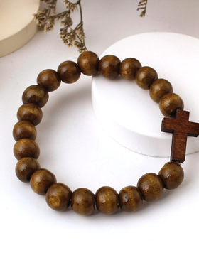 男士黑色木珠十字吊坠手链