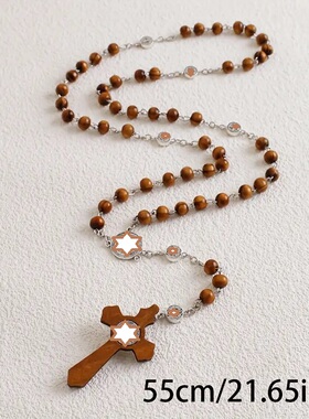 天然咖色木珠十字架毛衣链