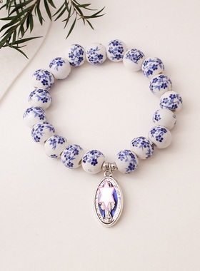 新款青花瓷复古椭圆吊坠手链