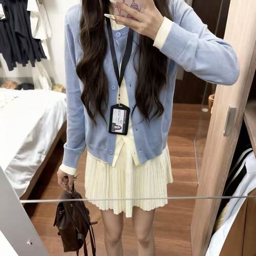 甜桃Milady 蓝色针织开衫早秋ins感韩女穿搭假两件套装高腰百褶裙