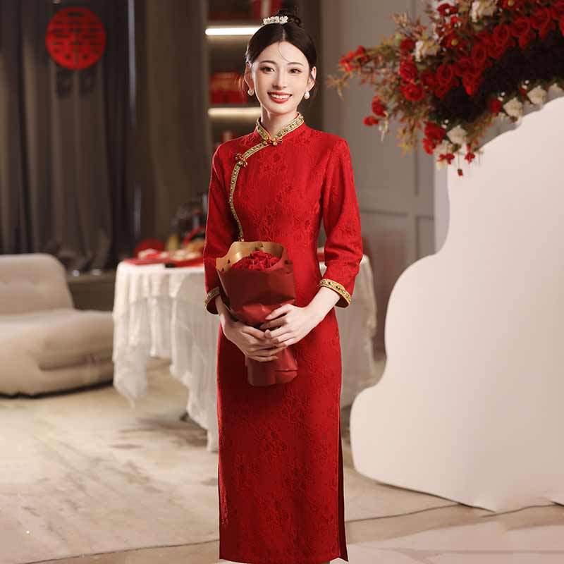 红色国风秋季长袖旗袍新款女中式复古收腰新娘敬酒服回门礼服高级