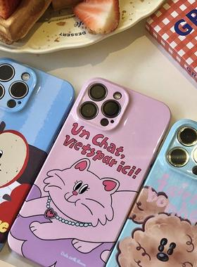 ins风可爱卡通小狗猫咪苹果手机壳适用iPhone15全包菲林硬壳14p16