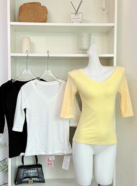 Suuicee 美神实录 2种织法 中袖桃心领针织T恤纯欲修身白色上衣