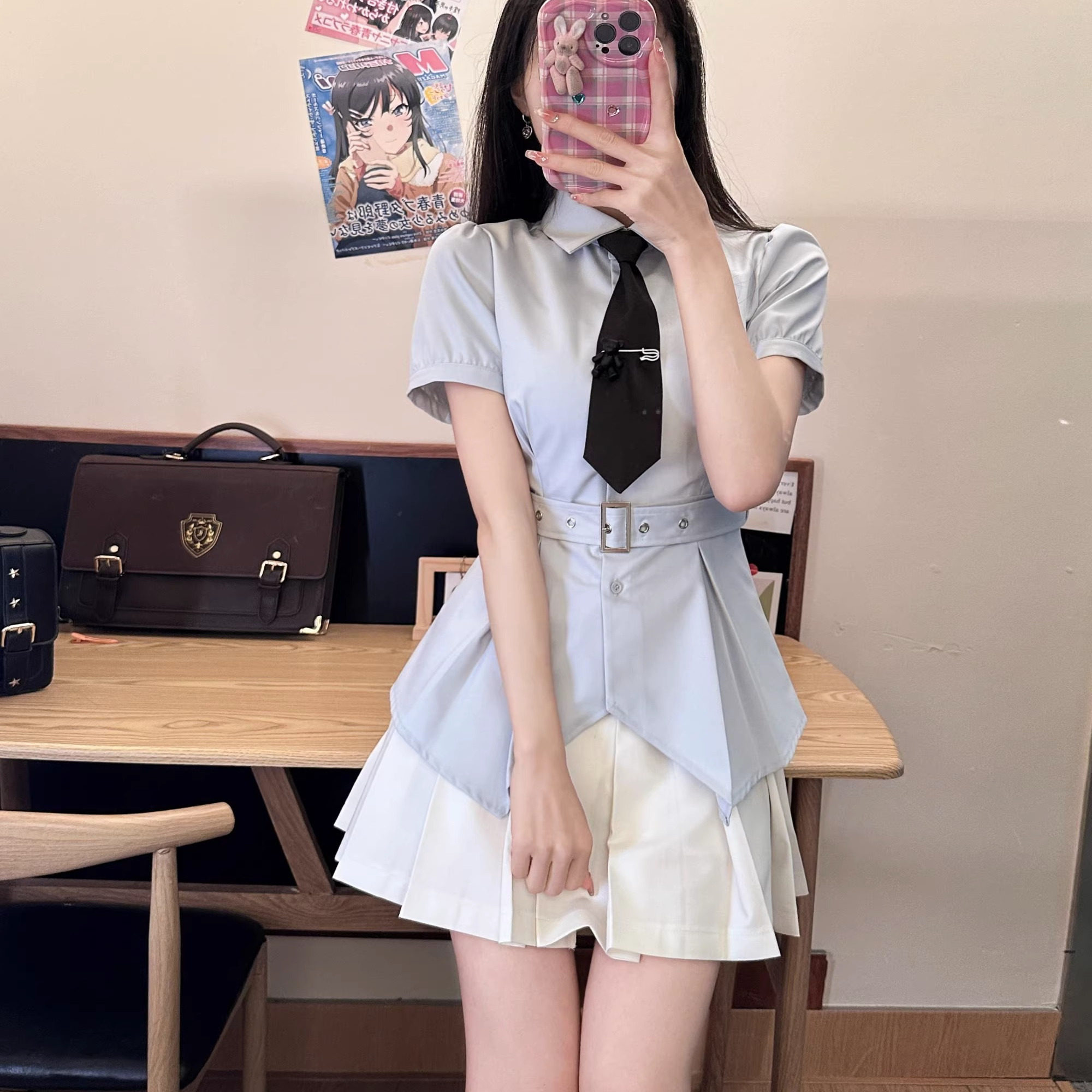 jk制服百褶裙收腰纯欲衬衫套装日系学院风女士夏季短袖上衣腰修身