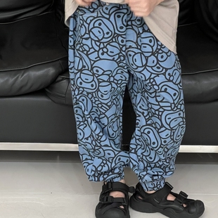 ◆芝麻家◆猴子满印两次洗水超柔夏儿童轻薄百搭七分裤防蚊牛仔裤