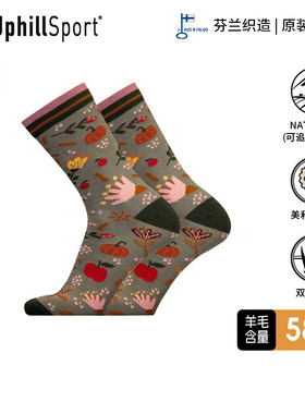 UphillSport休闲复古花朵图案中筒袜L3舒适透气美利奴羊毛袜E7435