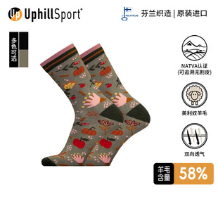 UphillSport休闲复古花朵图案中筒袜L3舒适透气美利奴羊毛袜E7435
