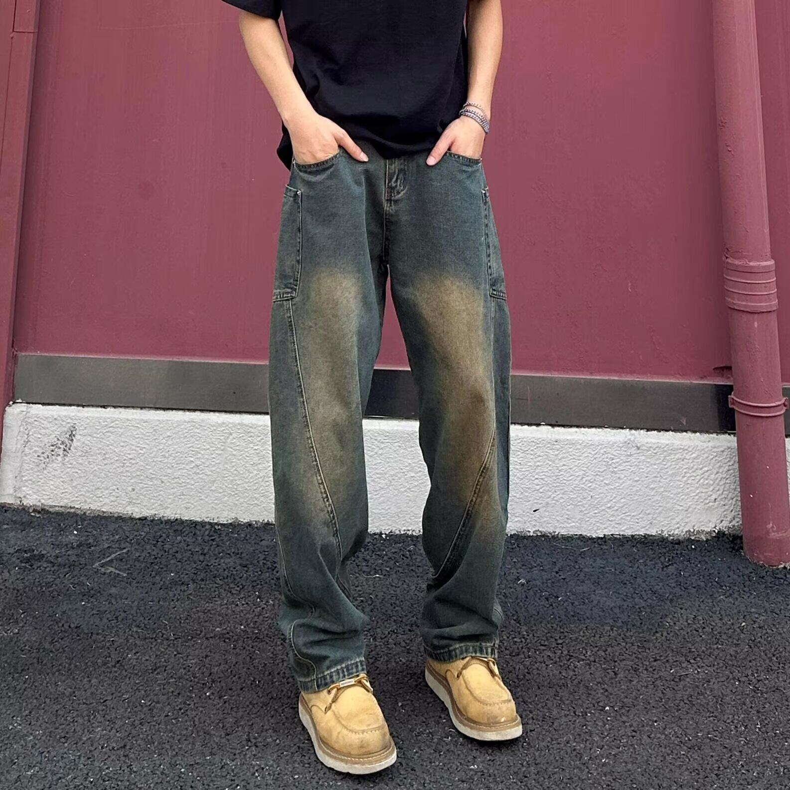 美式高街弯刀牛仔裤男春秋季潮牌痞帅炸街裤子cleanfit直筒微喇裤