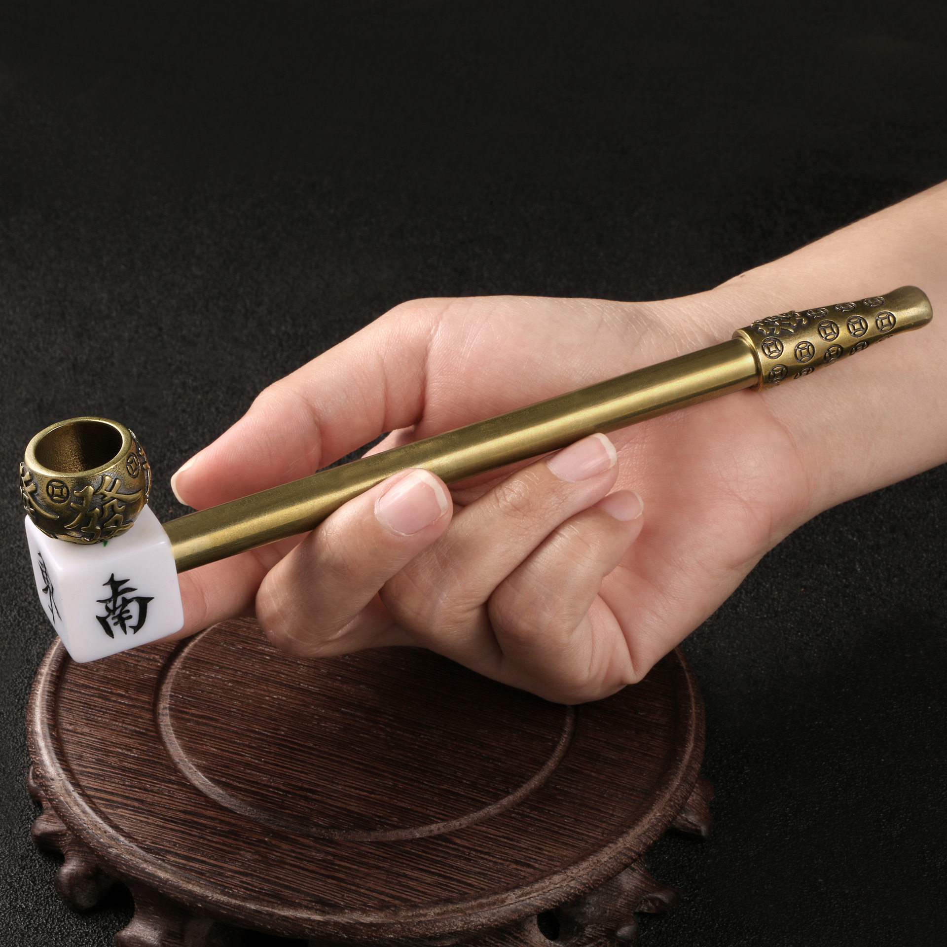 跨境仿古创意麻将發字黄铜烟杆可循环烟枪烟具烟嘴金属工艺品_虎窝淘