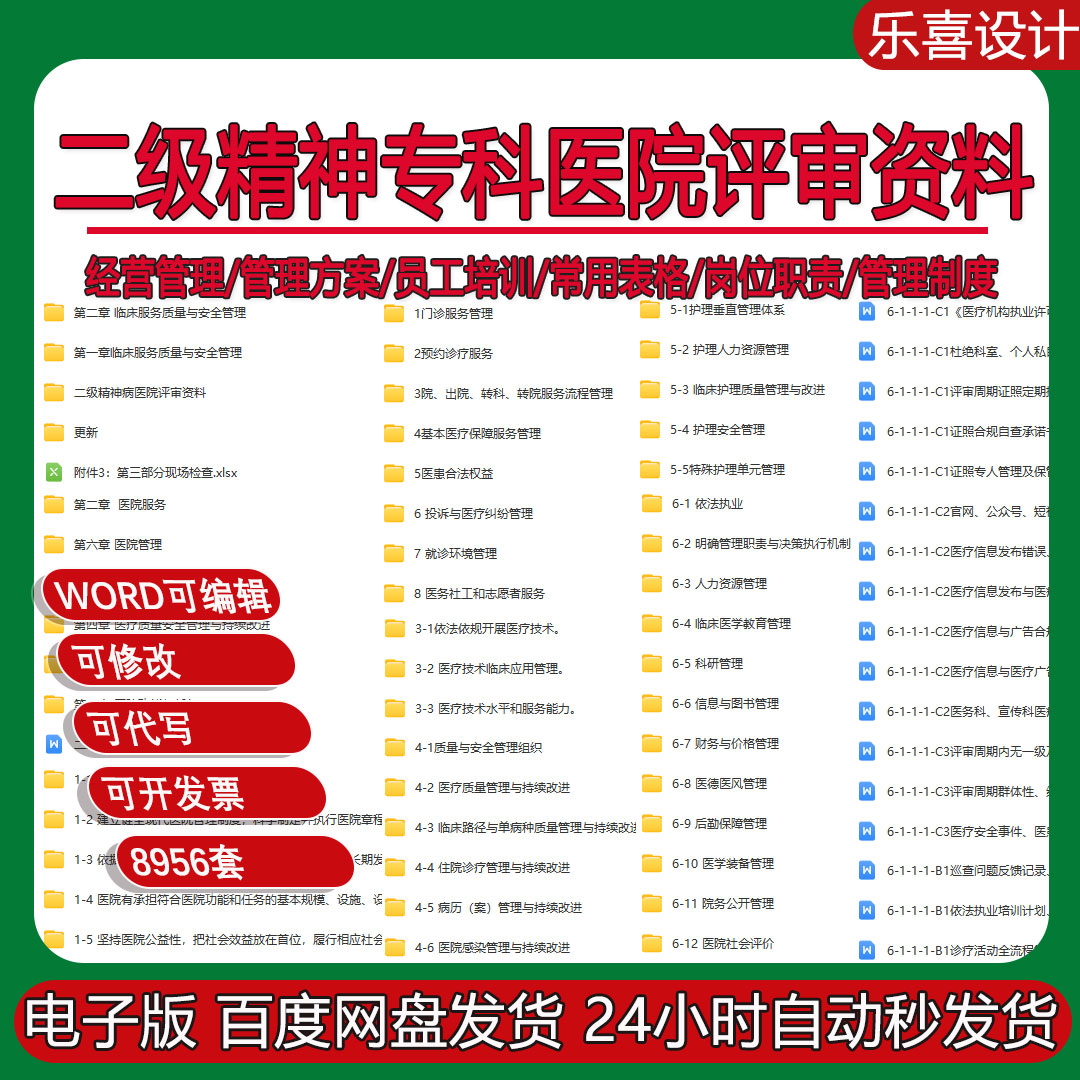 二级精神专科医院甲乙评审资料全套医疗组护理组院感组药事组代写