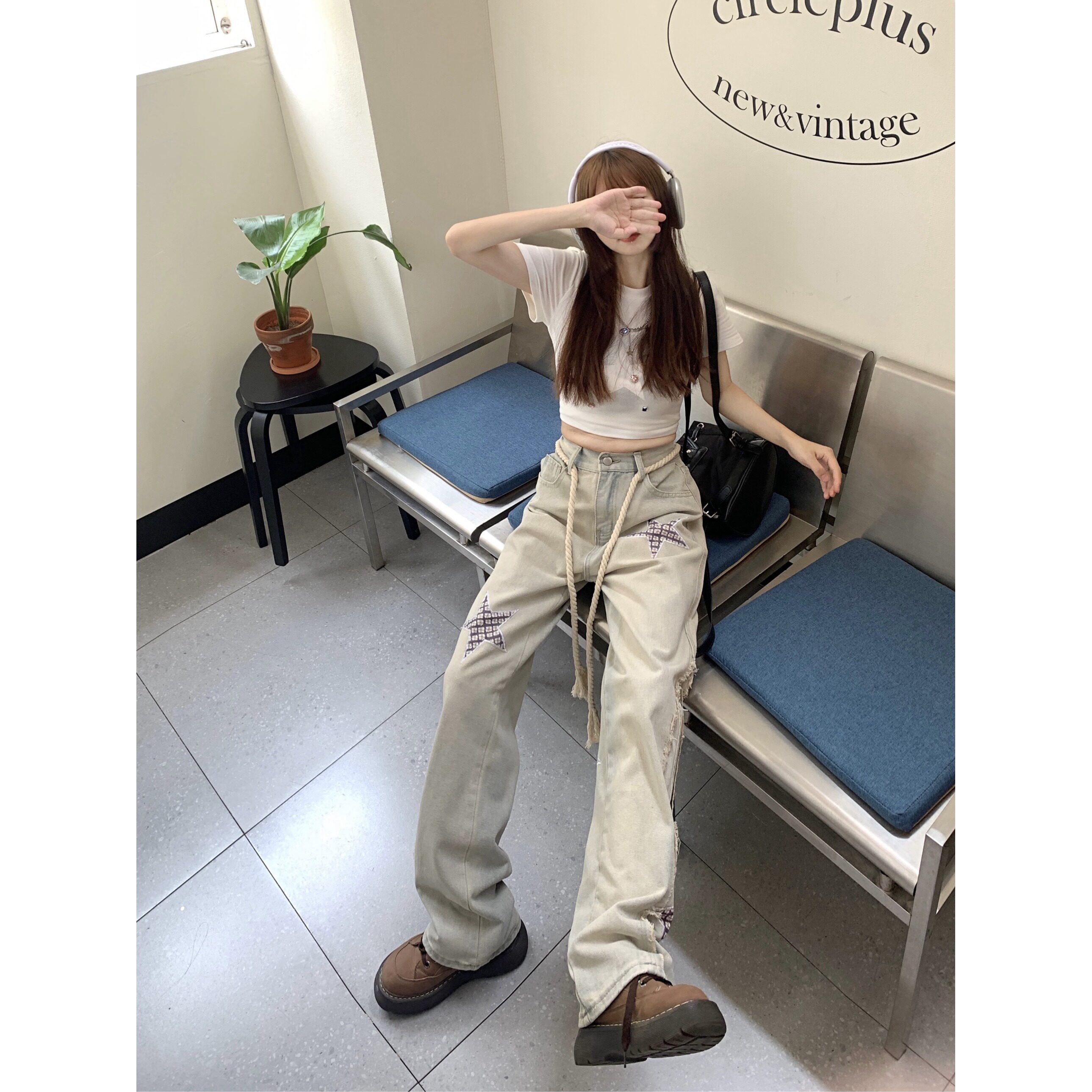 6044-P42特小众设计感星星美式街头牛仔裤女潮高街复古直筒裤,男装牛仔裤,电商A306A