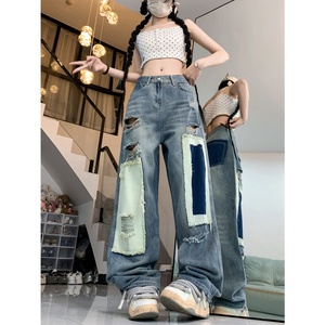 7899-P55破洞小众设计感撞色破坏贴布直筒牛仔裤女宽松街头