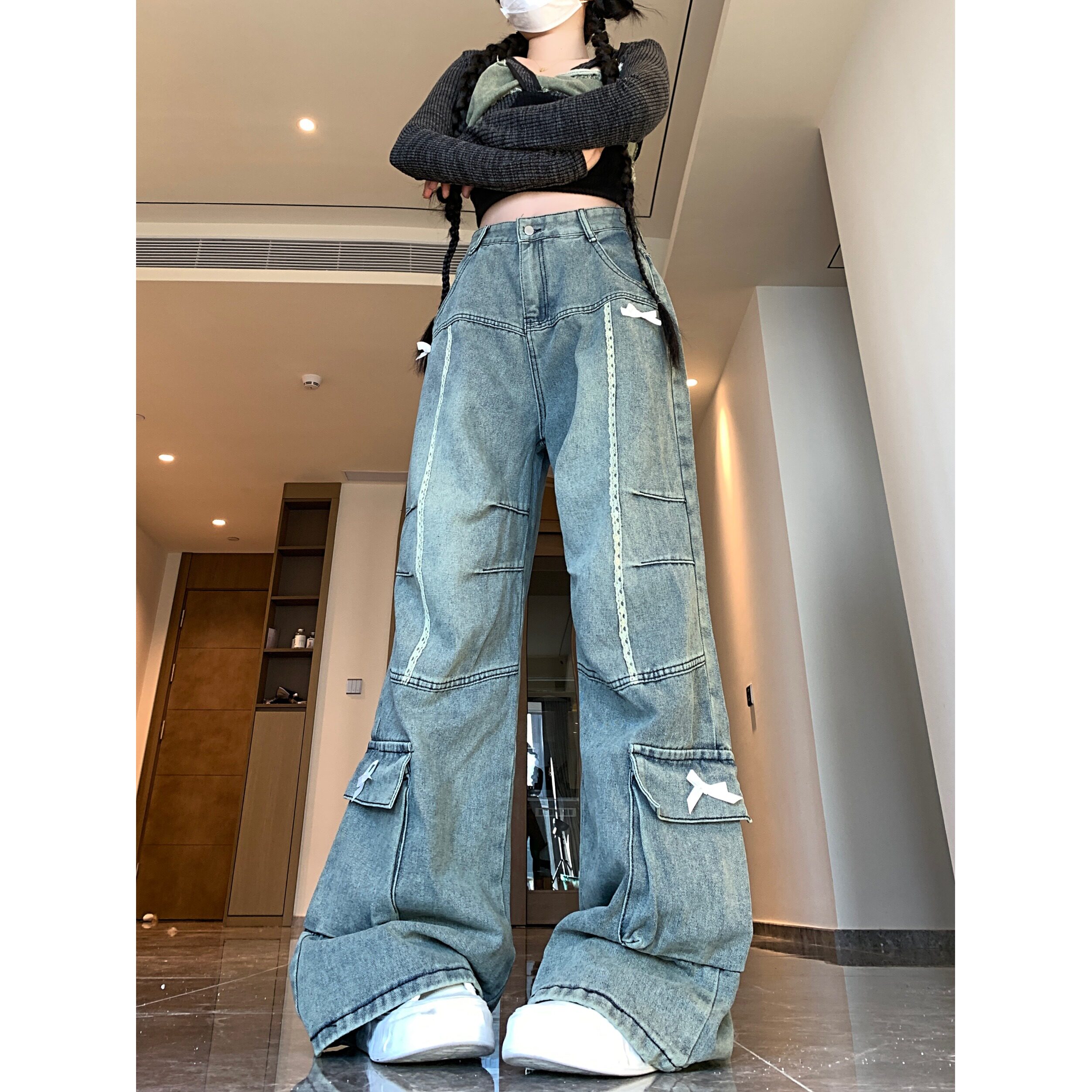 2025四季新款蝴蝶结设计感牛仔裤女cleanfit风直筒百搭长裤子,女装牛仔裤,电商A306A