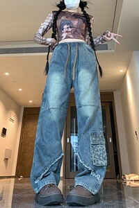 四季款阔腿裤女2025年春夏新款松紧腰宽松显瘦拼接牛仔裤图片