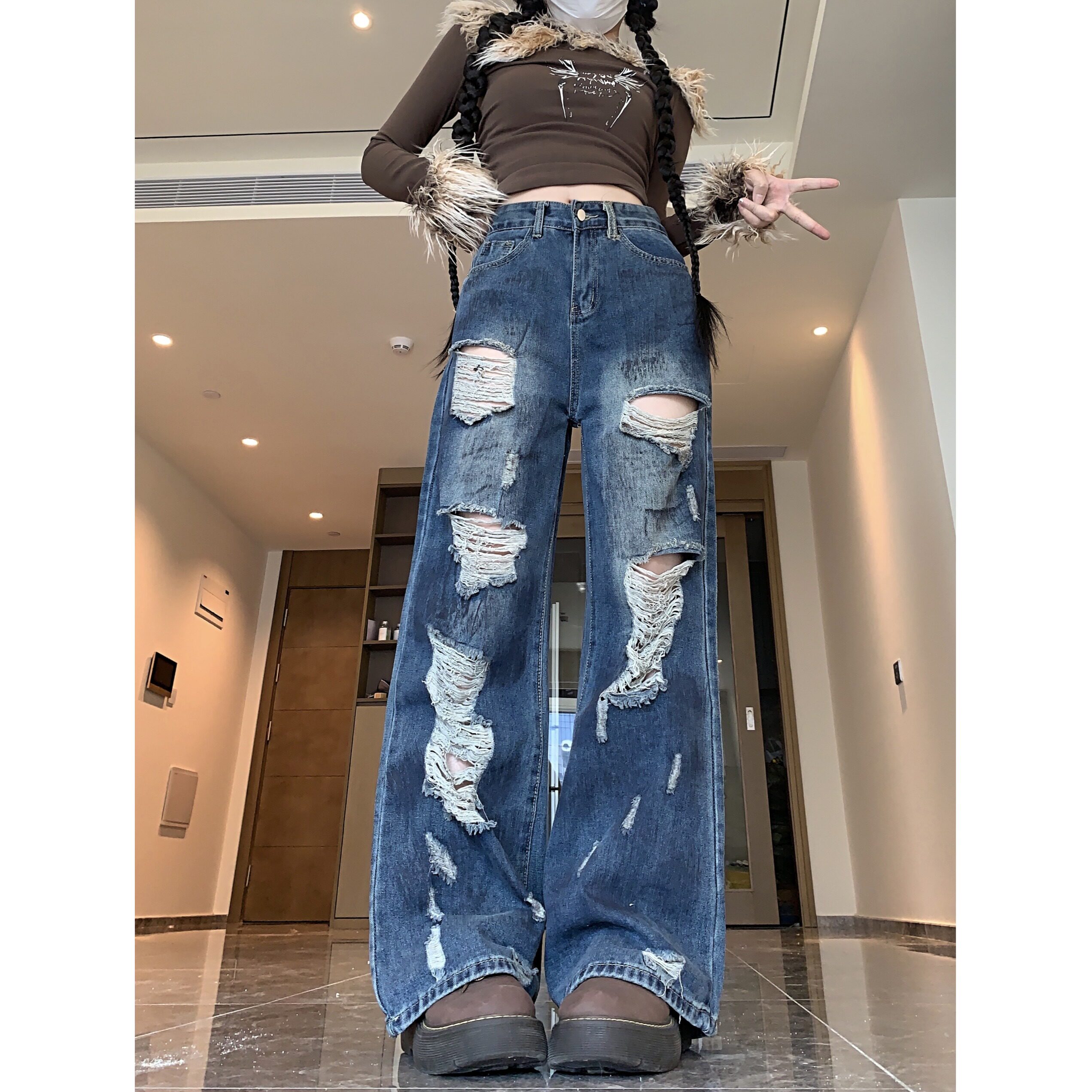 2025新款慵懒松弛感裤子女美式复古高街阔腿破洞乞丐牛仔裤图片