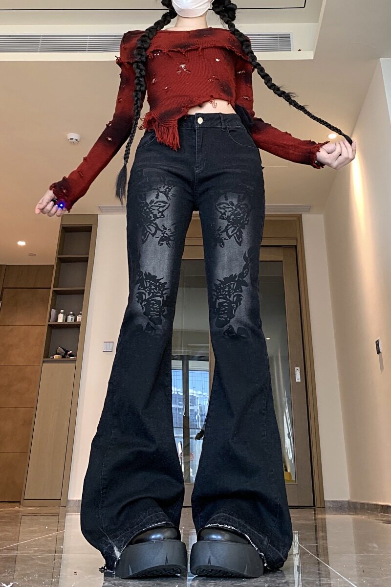 四季20254新款欧美植物印花洗水低腰显瘦喇叭牛仔裤潮,男装牛仔裤,电商A306A