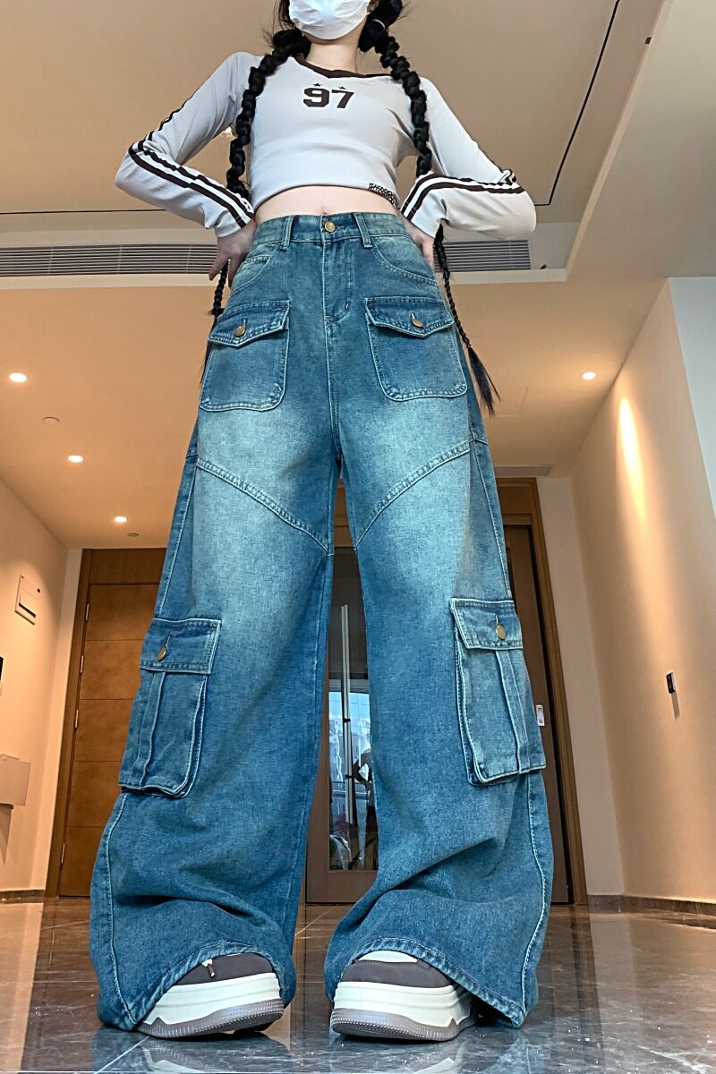 2025新款多口袋工装牛仔裤女新款宽松显瘦直筒拖地长裤,女装牛仔裤,电商A306A