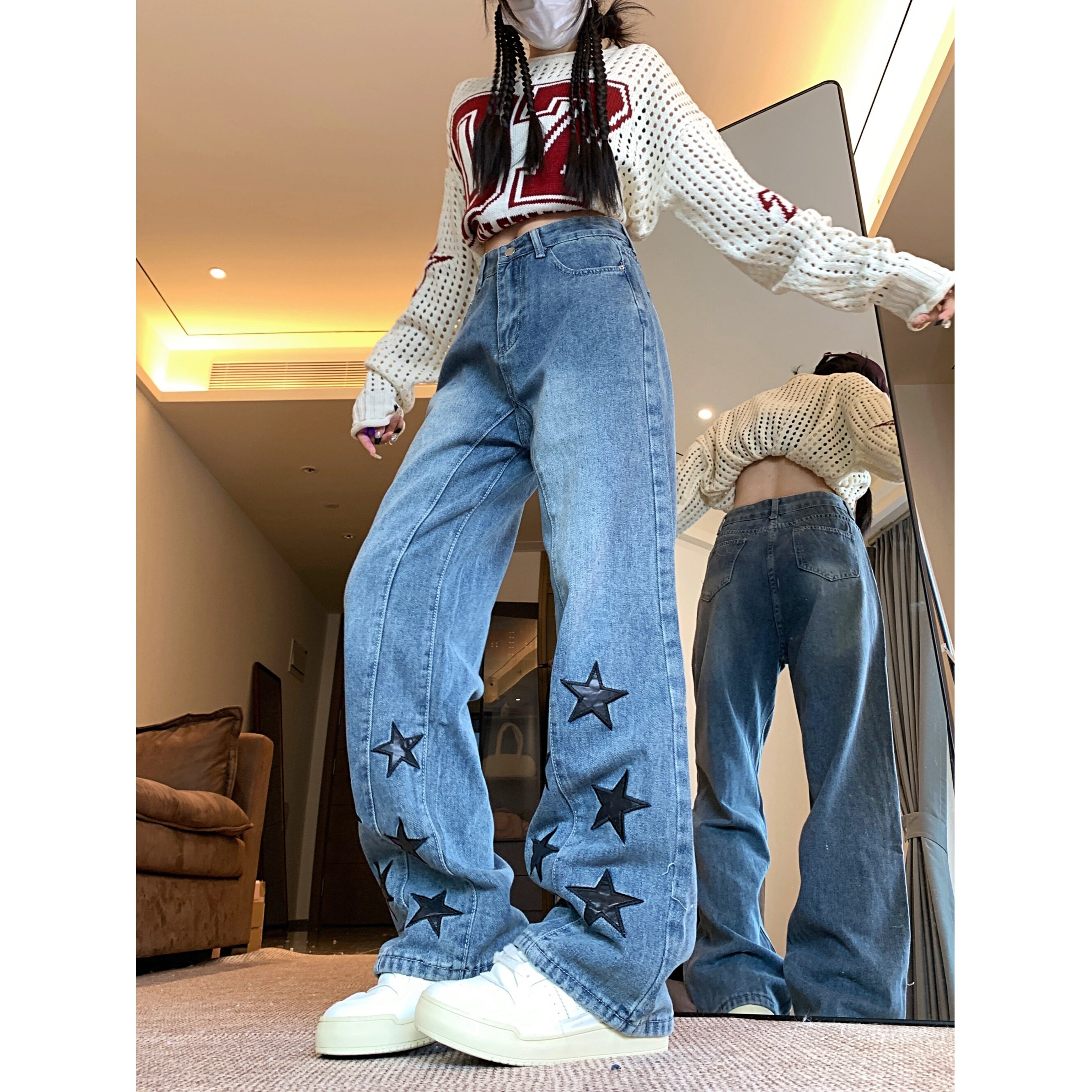 清仓3804-P37四季高街星星贴布牛仔裤女高腰ins直筒显瘦阔腿裤子,女装牛仔裤,电商A306A