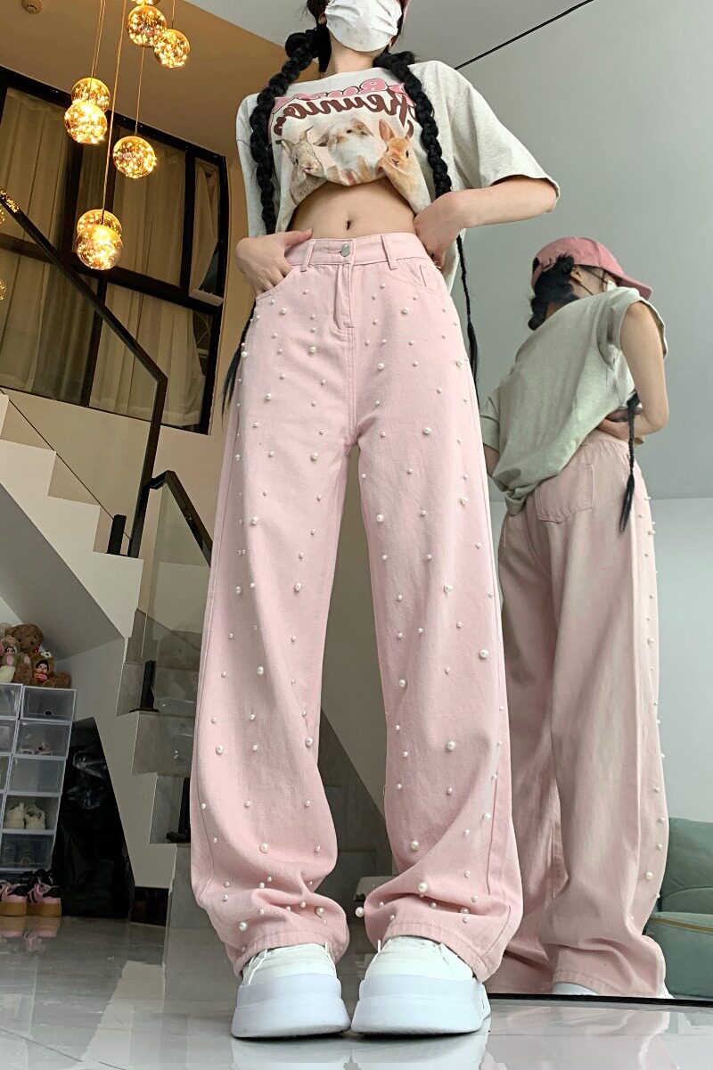 2199-P48美式韩版直筒阔腿裤打珠阔腿牛仔长裤女,女装牛仔裤,电商A306A