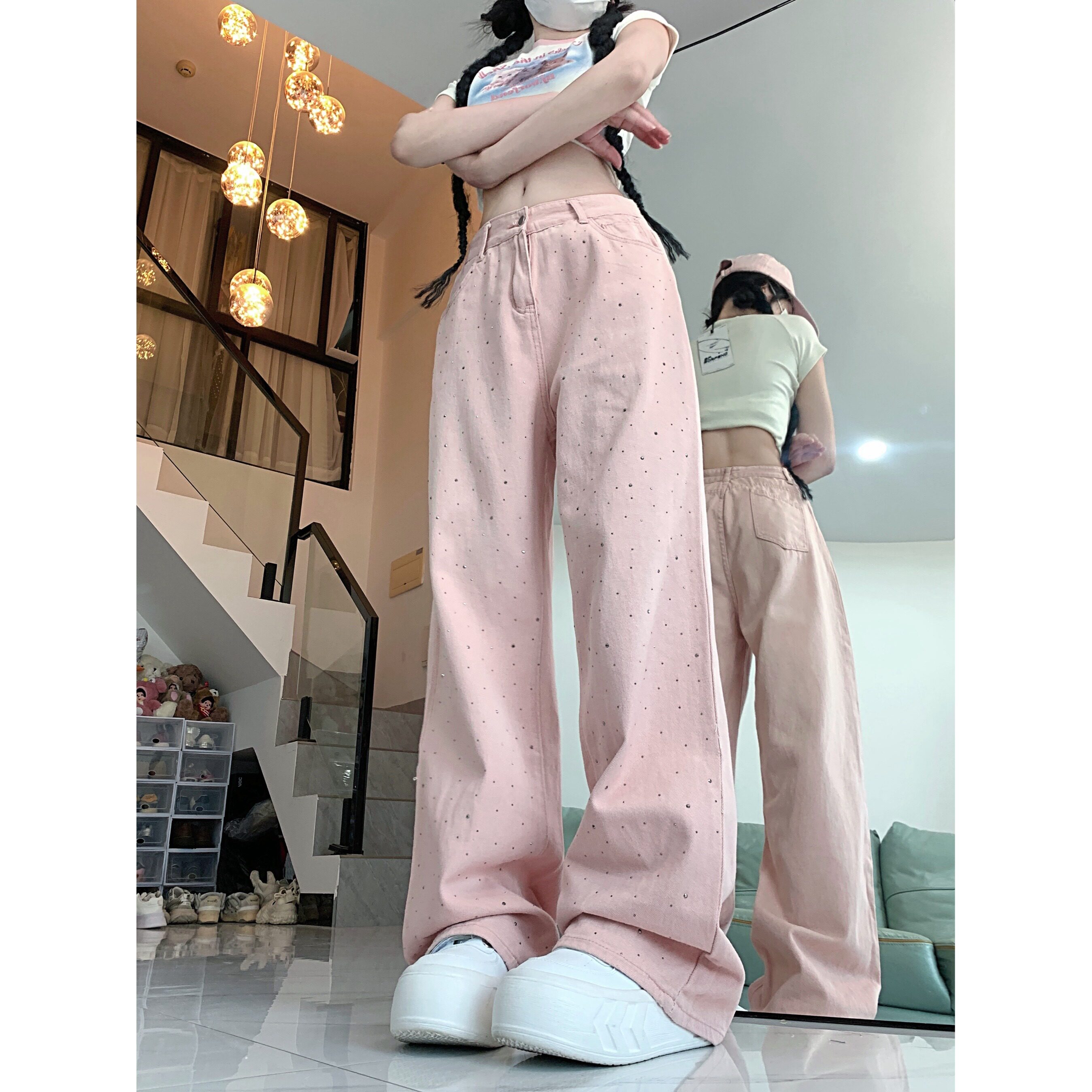 2198-P48粉色烫钻直筒牛仔裤女设计感高腰显瘦宽松阔腿裤子,男装牛仔裤,电商A306A