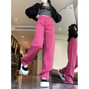 2025春季玫红色裤子高街潮玫红色牛仔裤女简约直筒裤子潮图片