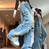 2025四季新款破洞牛仔裤新款显瘦高腰直筒宽松设计感工装裤子女，女装牛仔裤，电商A306A