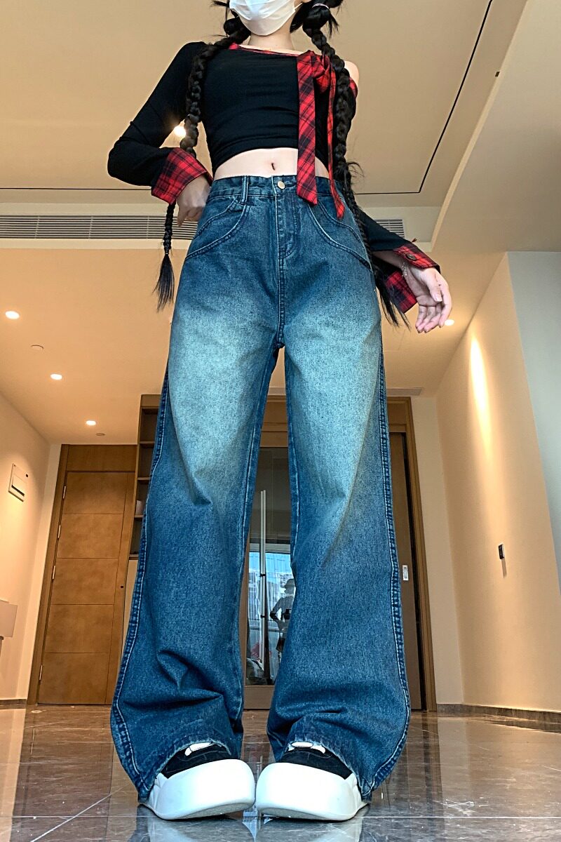 四季2025新款双口袋阔腿牛仔裤女小众设计复古水洗直筒拖地裤,男装牛仔裤,电商A306A