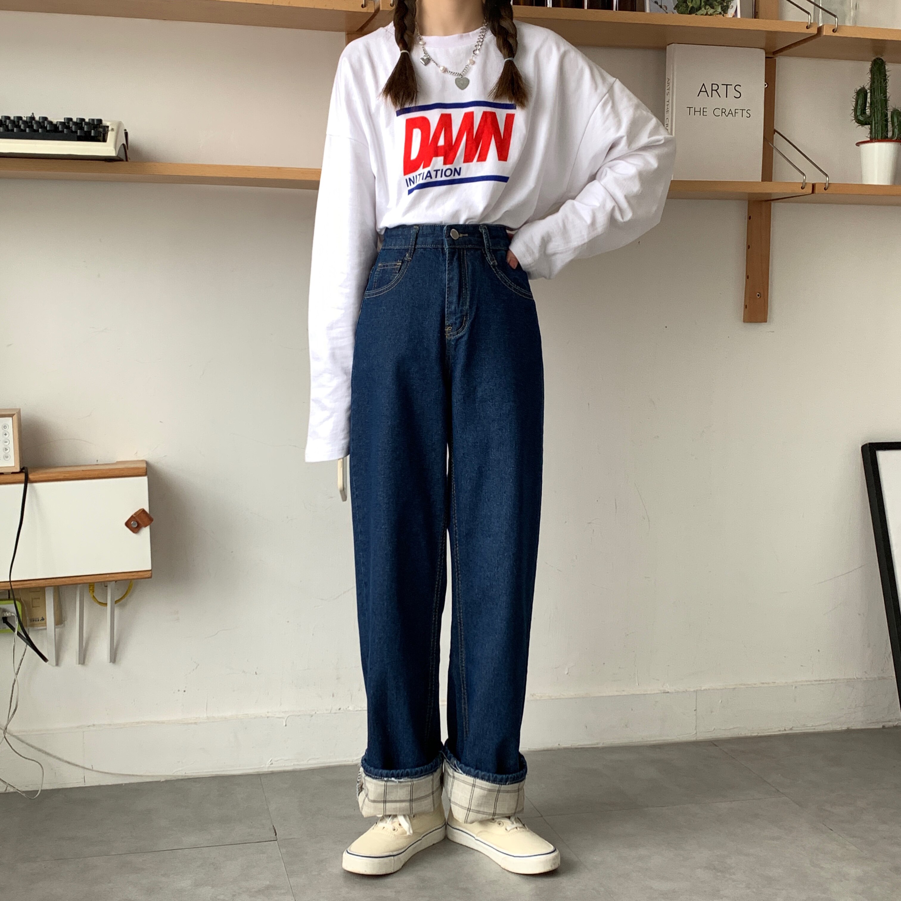 热卖推荐春秋新款学院风高腰显瘦阔腿裤牛仔裤女长裤3053-P38,女装牛仔裤,电商A306A