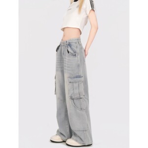 2351特P62  潮牌嘻哈牛仔裤男女口袋装饰直筒工装裤宽松长裤图片