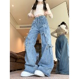 四季2025美式复古工装裤阔腿牛仔裤女百搭高腰直筒长裤，女装牛仔裤，电商A306A