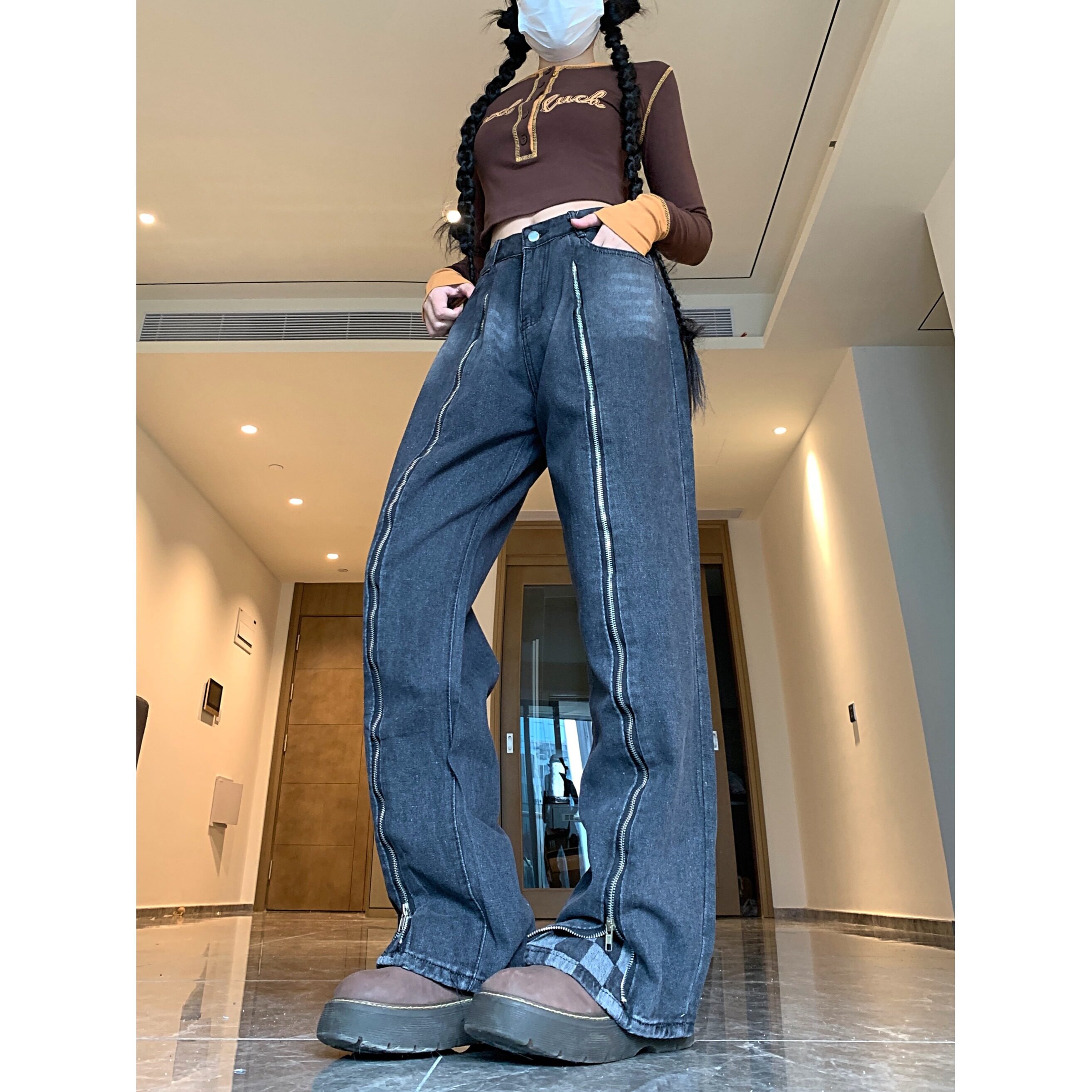 四季款2025美式拉链棋盘格牛仔裤女秋季高街高腰显瘦直筒裤,女装牛仔裤,电商A306A