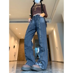 四季款2025美式拉链棋盘格牛仔裤女秋季高街高腰显瘦直筒裤图片