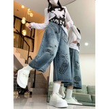 2025春夏美式复古涂鸦七分牛仔裤街头潮流高腰阔腿短裤，男装牛仔裤，电商A306A