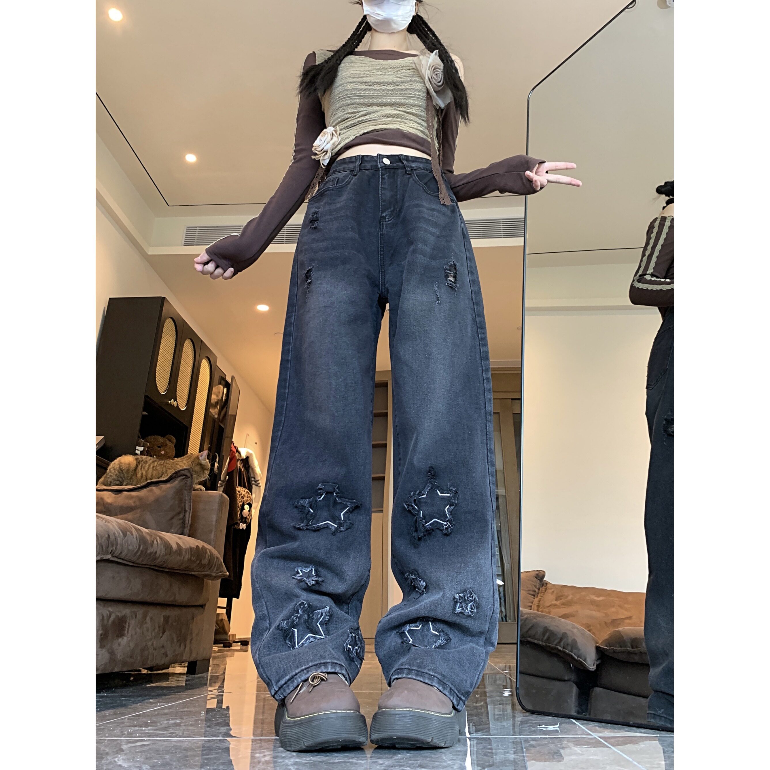 2025四季新款高街星星刺绣牛仔裤女美式vibe做旧复古裤子7847-P53，女装牛仔裤，电商A306A