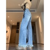 3643-P38新款裤子女设计感小众宽松直筒阔腿高腰毛边牛仔裤潮，男装牛仔裤，电商A306A