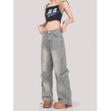 2072-P62复古做旧水洗束脚抽绳工装牛仔裤男女阔腿裤潮，女装牛仔裤，电商A306A