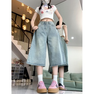 2025春夏美式牛仔裤子女夏季百搭高腰显瘦直筒阔腿七分裤图片
