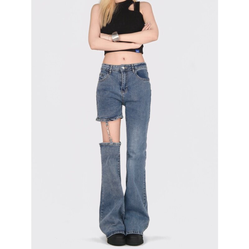 2232-P50复古破洞喇叭街头高腰显瘦修身辣妹微喇牛仔裤女，女装牛仔裤，电商A306A