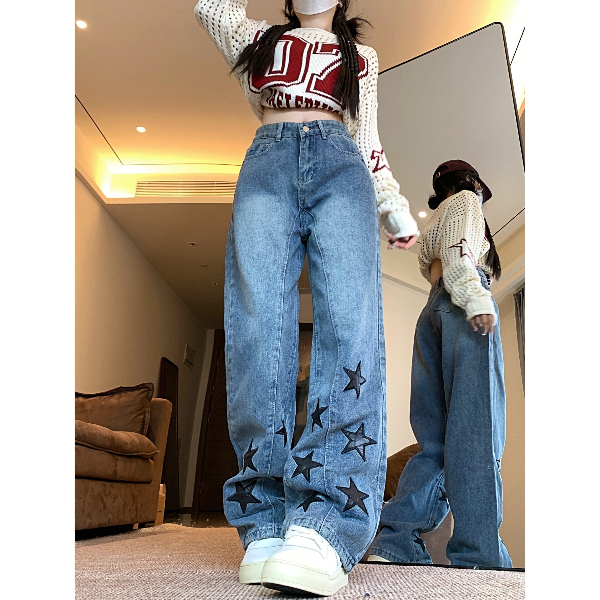 清仓3804-P37四季高街星星贴布牛仔裤女高腰ins直筒显瘦阔腿裤子,女装牛仔裤,电商A306A